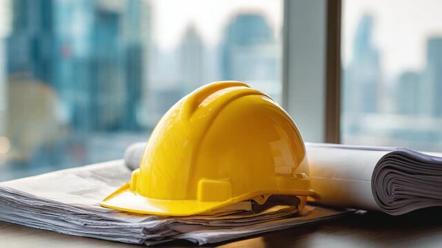 Building Blueprint and Safety Helmet: A bright yellow safety helmet rests on a stack of blueprints. With a blurred cityscape visible through the window.