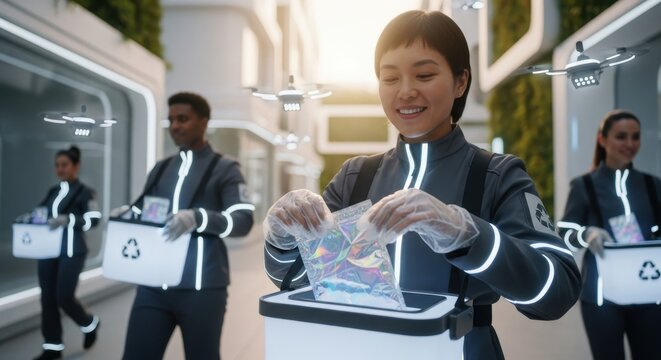 A diverse team of futuristic delivery workers in a clean, modern corridor, sorting packages with drones overhead, representing advanced logistics and efficient service. - Powered by Adobe