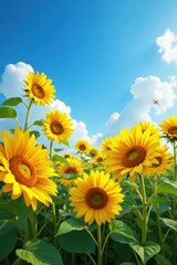 Obraz premium Bright yellow sunflowers stretch towards the sky, their faces forever smiling, outdoor, sunny