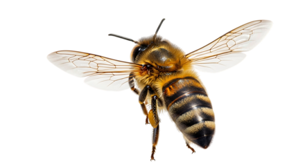 Honeybee in Flight with Wings Spread on Black Background