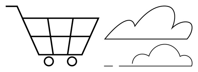 Shopping cart symbol and two cloud shapes linked by a line, showcasing a mix of retail and cloud-based technology themes. Ideal for e-commerce, cloud computing, online business, digital marketplace
