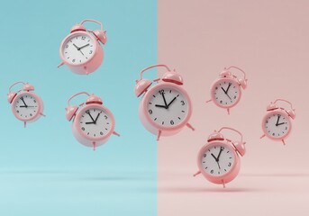 Pink alarm clocks on split background