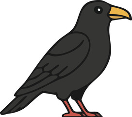 Black crow in profile with bright beak and red legs