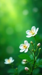 Fototapeta premium Delicate white blossoms scattered on vibrant green backdrop , floral background, green, floral design
