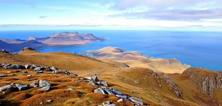Falklands/Malvinas Islands landscape, showing rugged terrain and distant ocean,  desolate,  South Atlantic