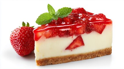 Strawberry cheesecake slice isolated on white background