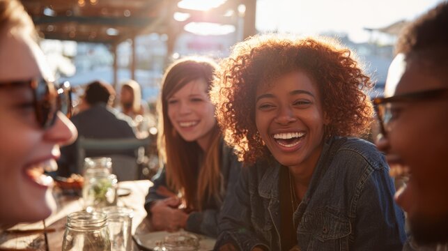 Group of diverse friends laughing together at outdoor cafe during sunset, enjoying a joyful moment, capturing the essence of friendship and happiness in a vibrant atmosphere - Powered by Adobe