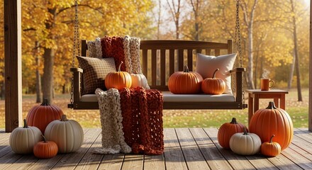 Cozy autumn porch swing decorated with wool blankets, pillows, and pumpkins in fall colors; ideal seasonal background for relaxation, home decor, and harvest concepts