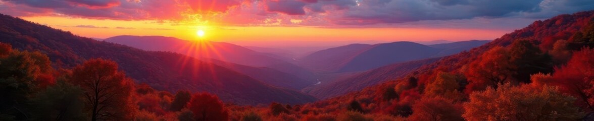 Fiery autumn sunset paints Blue Ridge Parkway hills, Brevard, NC , destination, red