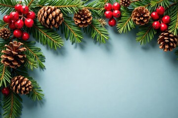 Fototapeta premium Festive garland with glossy red berries and natural pine cones , berries, home decor