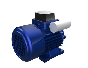 Blue Industrial Electric Motor 3D Render: High-Resolution Electric Machinery, featuring Capacitor and Terminal Box. Vital Power Component for Modern Manufacturing, Automation and Engineering. Isolated