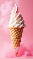 Vanilla Ice Cream Cone with Pink Cloud Background