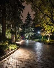 A paved driveway at night, illuminated by landscaping spotlights, winds through a residential area lined with trees.