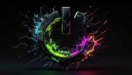 A metallic power button symbol explodes with vibrant neon energy and colorful light.