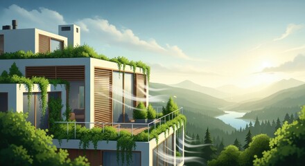 Photo of a stunning modern house with a green roof and balcony overlooking a serene valley with a river at sunset, showcasing sustainable architecture and natural beauty