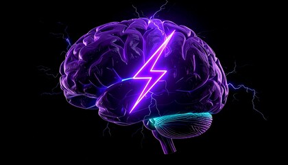 A glowing purple brain with a neon lightning bolt symbolizing a powerful idea or brainstorm.