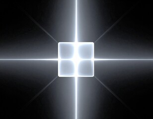 A central luminous square, composed of four quadrants, emits brilliant white light beams against a dark background.