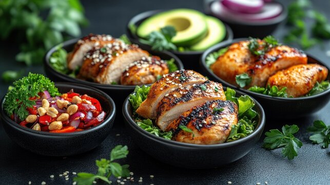 Grilled chicken slices in bowls, assorted flavors