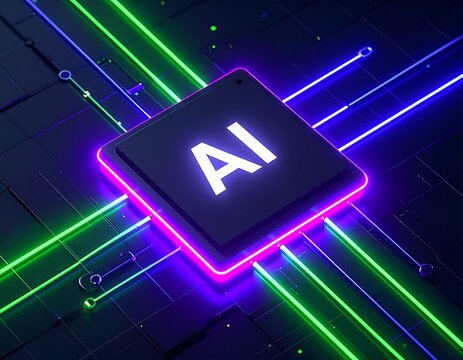 A glowing AI processor chip on a dark circuit board with radiating neon green and blue light trails.