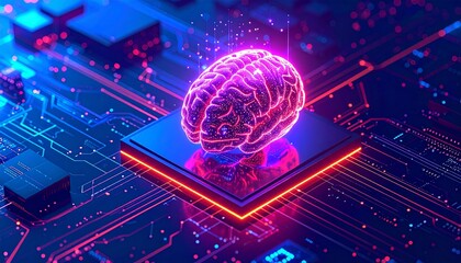 A glowing digital brain on a computer chip processor, symbolizing artificial intelligence and neural networks.
