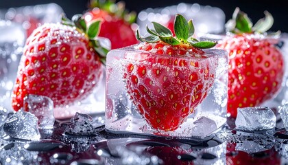 A ripe red strawberry frozen inside a clear ice cube, surrounded by fresh berries and crushed ice on a dark background.