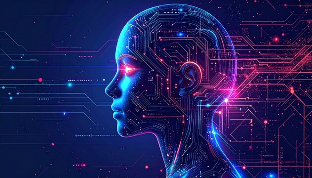 A futuristic profile of a humanoid AI with a glowing brain made of intricate electronic circuits.