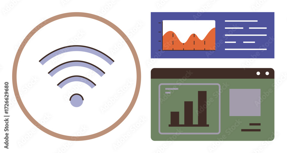 Poster wireless signal icon paired with graphical data sets including bar and line charts, text, and interf