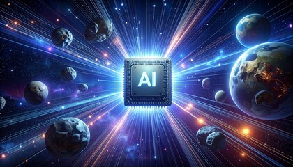 A glowing AI microchip at the center of the universe, radiating powerful light amidst planets and asteroids.