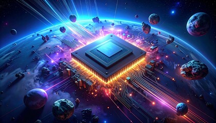 A powerful microchip illuminates a planet with glowing circuits and data streams amidst a cosmic asteroid field.