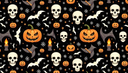 Halloween Seamless Pattern with Skulls, Pumpkins, Bats and Candles