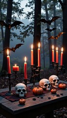 Spooky Halloween Still Life Skulls, Candles, Bats in Dark Forest