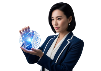 Futuristic Tech Connection Network in Hand Asian Woman. Digital Global Communications Technology. Innovation Connectivity Solutions Future. AI Data