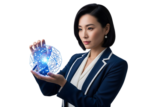 Futuristic Tech Connection Network in Hand Asian Woman. Digital Global Communications Technology. Innovation Connectivity Solutions Future. AI Data