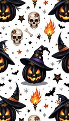 Halloween Seamless Pattern with Pumpkins, Skulls and Witch Hats