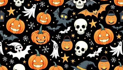 Halloween Seamless Pattern with Pumpkins, Skulls and Spooky Elements