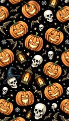Spooky Halloween Pattern with Pumpkins, Skulls, and Lanterns