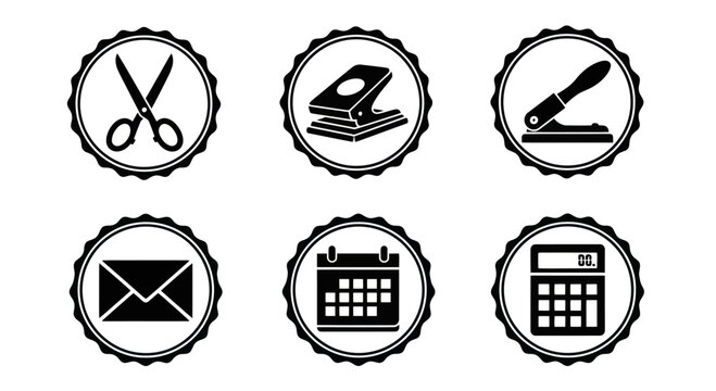 A set of six black and white circular icons depicting common office supplies like scissors, a hole punch, an envelope, a calendar, and a calculator.