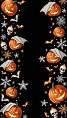 Halloween Border with Pumpkins, Skulls, Bats and Stars