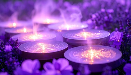 Lit Candles in Purple Lavender Field Evoking Calm and Relaxation