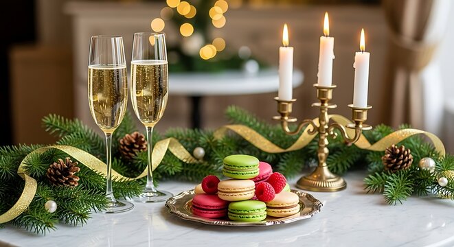 Festive holiday table setting with champagne and macarons - Powered by Adobe