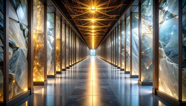 Lit Hallway with Stone Pillars and Geometric Ceiling Design