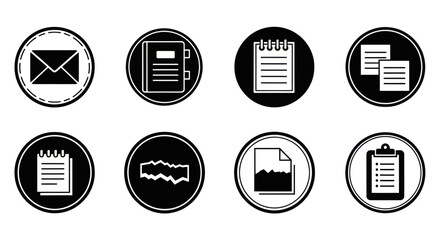 Collection of black and white office icons, including email, notebook, notepad, documents, and clipboard.