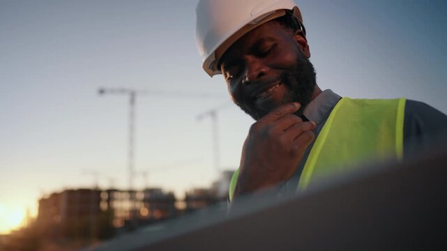 Thoughtful engineer developing new building, make decision at construction site. Portrait of professional architect and developer examining new building, controlling process and looking at computer