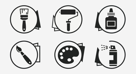 A set of six monochrome circular icons depicting various art, craft, and painting supplies.