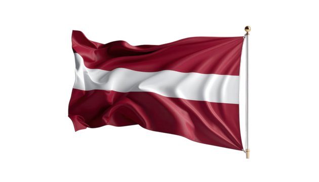 A digitally rendered representation of the Latvian national flag, billowing in the wind against a black backdrop.