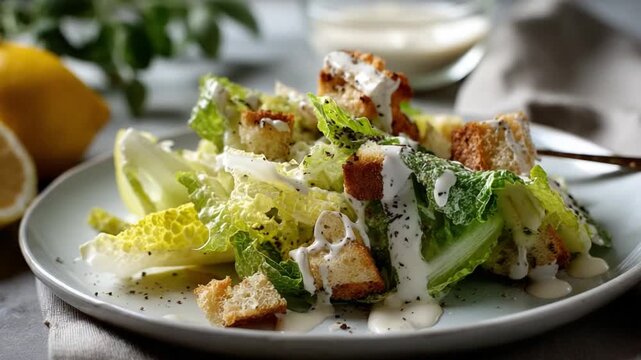 Caesar Salad: A close-up shot captures a vibrant Caesar salad, showcasing crisp romaine lettuce, crunchy croutons, and creamy dressing on a plate, accompanied by a fresh lemon. 