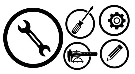 A collection of black circular icons featuring tools like a wrench, screwdriver, gear, caliper, and pencil, symbolizing repair, engineering, and design.