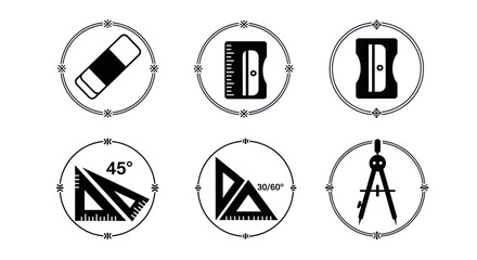 Collection of black and white icons depicting various school and drafting supplies like erasers, sharpeners, set squares, and a compass.