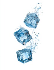Obraz premium Three ice cubes in mid-air, surrounded by water splashes, against a plain white background