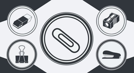 A collection of common office supplies including a paperclip, eraser, pencil sharpener, binder clip, and stapler, presented in a graphic design.